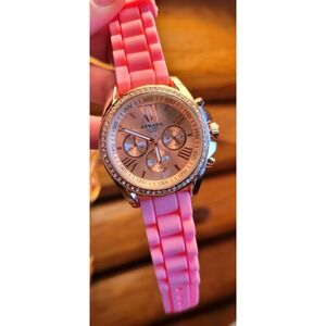 NEW STRADA Quartz Rose Gold Tone Crystal Bezel Pink Silicone Band Women's‎ Watch